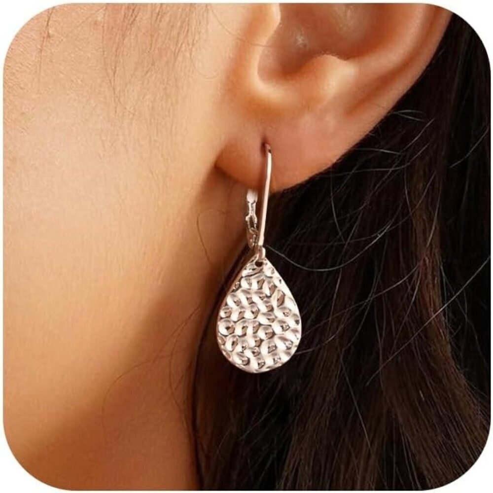โกHammered Teardrop Dangle Earrings for Women 925 Sterling Silver 14K Gold